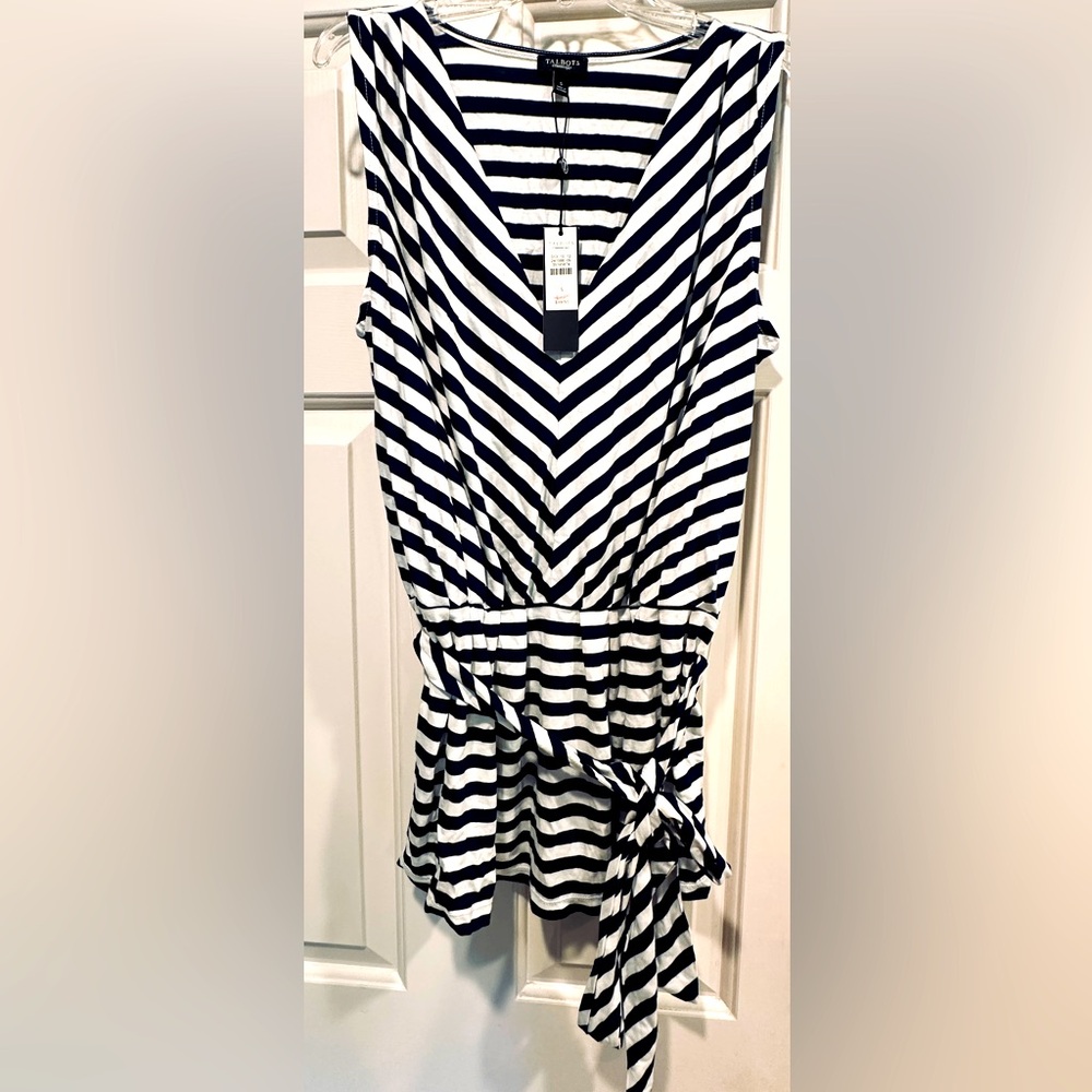 Talbots White and Navy Striped Belted Sleeveless Top-size Small NWT